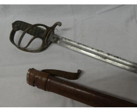 A George V Officers sword of the Royal Artillery with etched steel blade, steel three-bar hilt and wire bound fish skin grip 