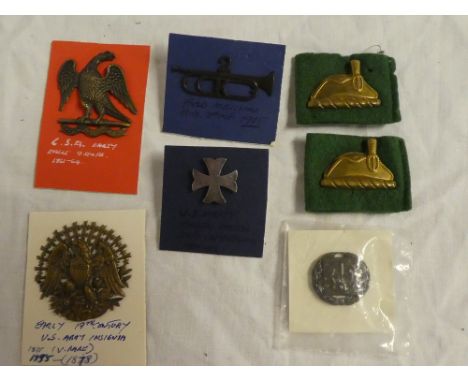 A 19th Century brass US Army eagle insignia; Confederate States of America brass eagle badge; "2 K" Field Musician badge circ