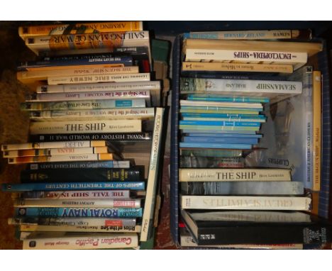 Two boxes containing a selection of shipping and nautical related volumes including The Ship of Line 2 vols; Kemp's Manual of