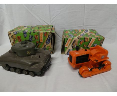 A Tri-ang Minic Sherman tank in original box and a Tri-ang Minic Caterpillar tractor in original box