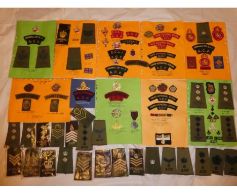 A collection of Cornwall Army Cadet Force badges and insignia including "Cadet Force" Officers title with woven Cornwall badg