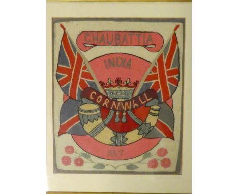 A First War wool-work picture with Duke of Cornwall's Light Infantry badge, dated 1917 and "Chaubattia India", framed and gla