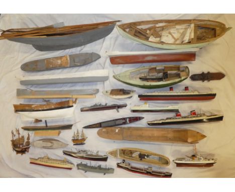 A large selection of various wooden part constructed scale built ship and boat models together with various constructed ship 