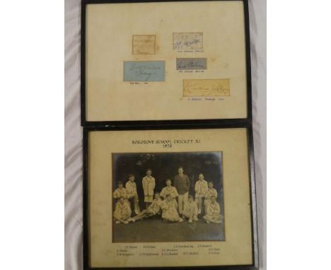 A framed display of four cricket signatures including D R Jardine 1932-33, L Hutton 1954/55, F Stanley Jackson 1905, etc toge