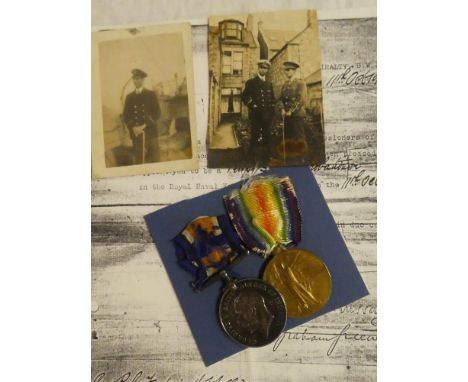 A pair of First War medals awarded to Surg. Prob. F.H.Molliere R.N.V.R. together with two original portrait photographs, etc