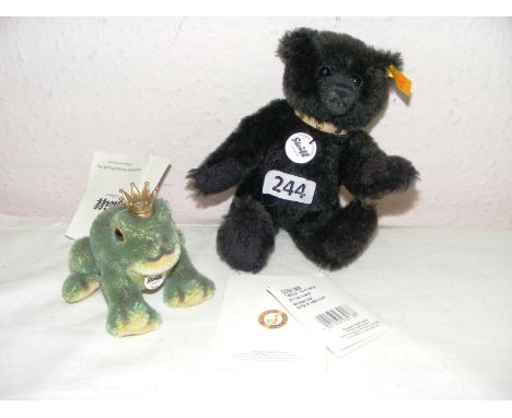 A Steiff Classic Black Alpaca Teddy Bear #039188 and a Happy Frog teddy #033247. CONDITION REPORT: Good condition.