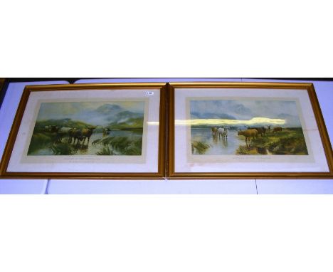 A vintage pair of Highland Cattle prints entitled 'Sunset in the highlands' and 'Sunrise in the highlands' each in gilt frame