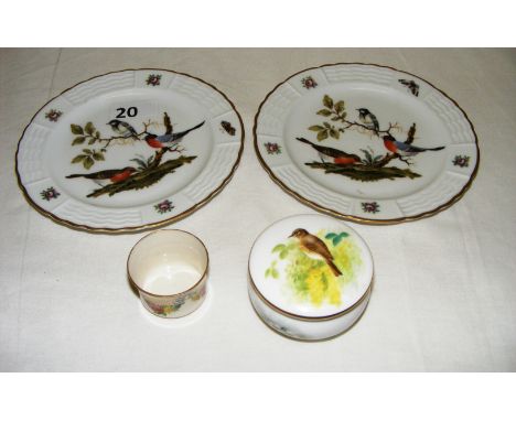 A Royal Worcester trinket box painted with a bird and flowers, signed by J.Allen, a pair of hand painted Limoges plates paint