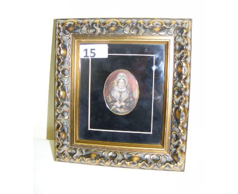 A wonderful miniature yellow metal mourning hair brooch, the front with a hand painted portrait of an elderly lady in the sty