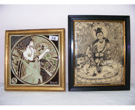 A framed modern pottery Majolica style tile entitled "Spring" and a vintage Indian picture of a Deity.