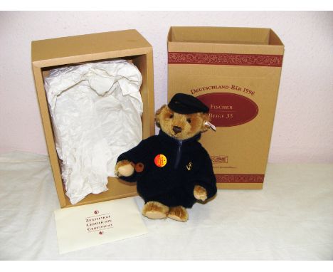 A Steiff #670114 Fisherman Bear, beige, with pipe and growler, in original box with certificate.   CONDITION REPORT:  Excelle