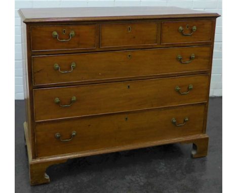 19th century mahogany chest with moulded rectangular top over three short and three graduating long drawers, on bracket feet,