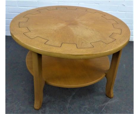 Retro light oak coffee table with circular top and undertier, 52 x 86cm 