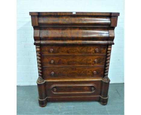 Victorian mahogany scotch chest, with four long drawers flanked by barley twist pilasters, 160 x 122cm 