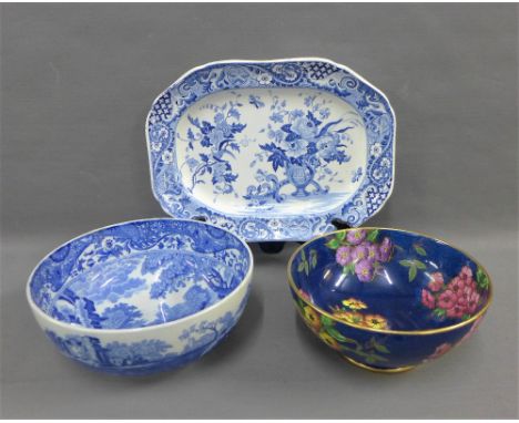 Staffordshire blue and white floral patterned ashet, Spode bowl and a Maling floral patterned blue lustre bowl, (3) 