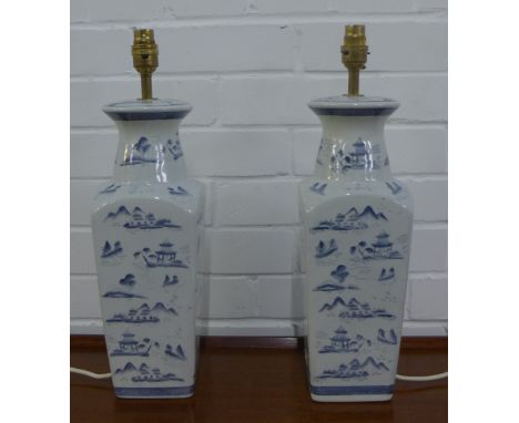 Pair of blue and white Chinese style table lamp bases, 44 x 13cm (2) 