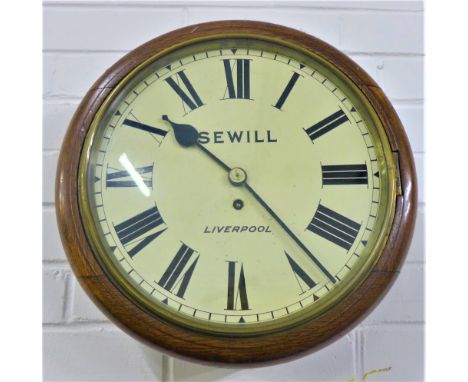 Late 19th / early 20th century oak cased fusee wall clock, the enamel dial inscribed Sewell Liverpool and with Roman numerals