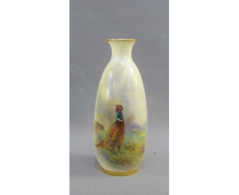 Royal Worcester porcelain vase, James Stinton, painted with a Pheasant, signed, with gilt rims and puce back stamp and shape 