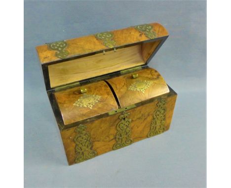 Victorian burr walnut and brass mounted tea caddy, the domed hinged top opening to reveal two interiors, one for black tea th