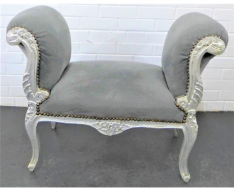 Silver giltwood window stool, with grey upholstered seat and sides, 70 x 94cm 