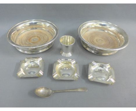 Mixed lot to include three silver ashtrays, William Hutton &amp; Sons, Sheffield, Birmingham silver shot beaker, teaspoon and