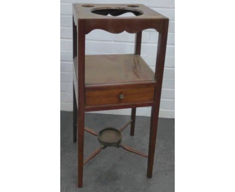 Georgian mahogany wash stand with recess for bowl above a single  frieze drawer and x-shaped stretchers with small circular s