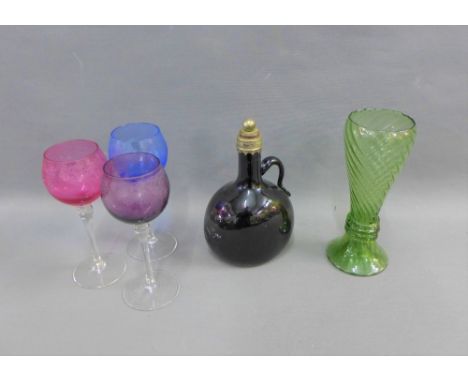 Coloured glass to include three etched wine glasses, a gin flask and a German style goblet (5) 