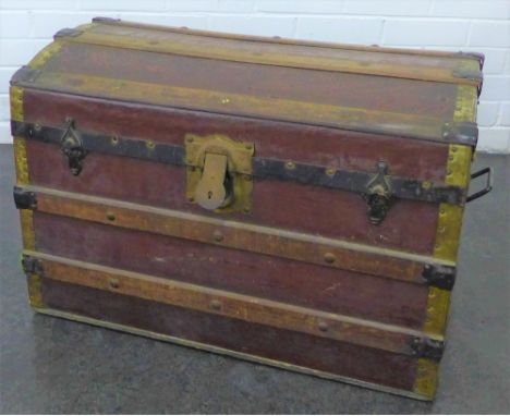 Vintage wooden bound storage trunk with domed top, 48 x 68cm 