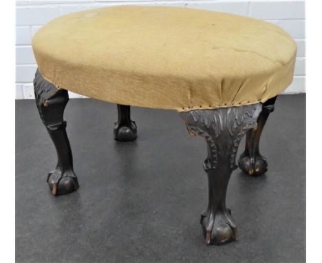 Mahogany stool with upholstered top and standing on cabriole legs with ball and claw feet, 44 x 68cm 