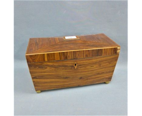 19th century rosewood veneered tea caddy with hinged lid on four brass bun feet, 31 x 17cm
