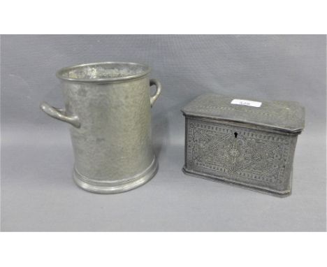 Pewter tea caddy with a rectangular hinged lid and two divisions to the interior together with a unity pewter bottle stand, (