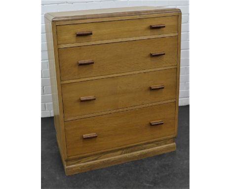 Vintage light oak chest with four graduating long drawers, 96 x 76cm