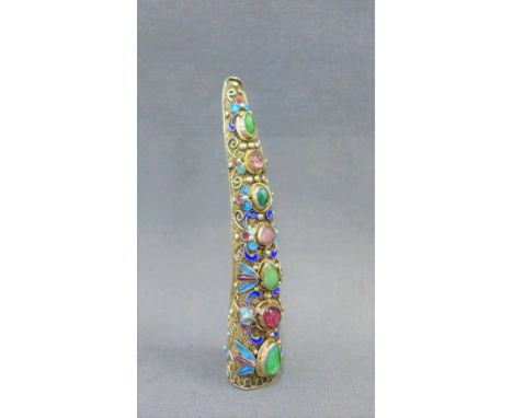 Lady's finger shield brooch with coloured enamel and hardstone decoration, unmarked white metal 8.5cm long 