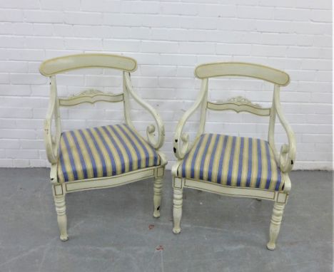 A pair of 19th century Scandinavian light grey painted wooden open armchairs, with striped upholstered seats,  86 x 50cm (2) 