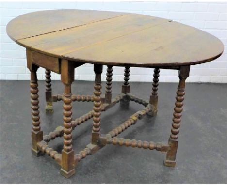 Oak gate leg table with bobbin turned legs, 74 x 134cm 