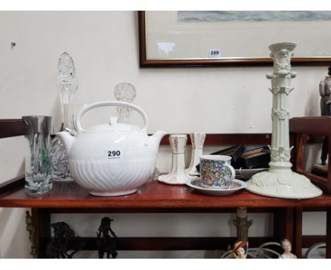 Shelf lot to include Belleek + decanters