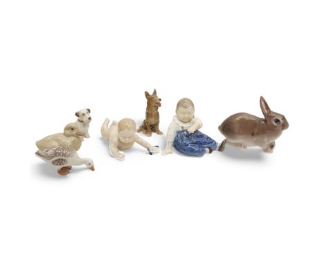 Two Royal Copenhagen baby figures, number 1739 and 1517, together with five Bing and Grondahl animal figures  