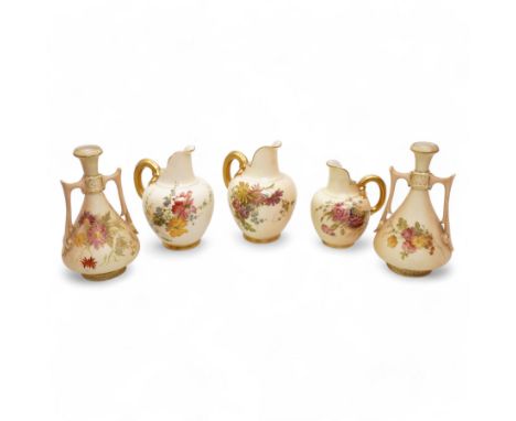 Royal Worcester blush ivory porcelain to include a pair of jugs, no. 1094, pair of vases, no. 1021, and a small ewer no. 1094