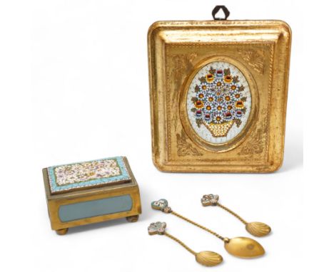 Early 20th century Italian micro mosaic items, to include framed portrait of flowers, three teaspoons with decorated finials,