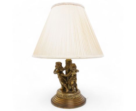 Gilt metal table lamp, of classical design, the stem surrounded by three putti figures holding fish and birds, on stepped cir
