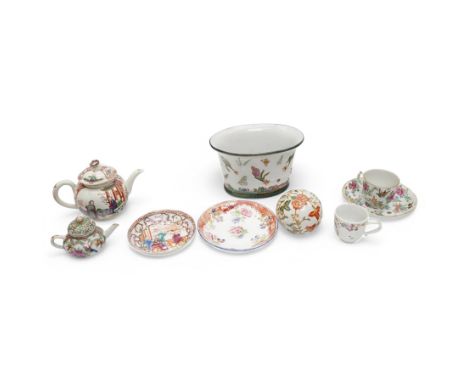 19th century Cantonese teapot, cup and saucer, decorated with birds amongst foliage in shades of green and pink; together wit