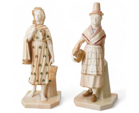 Royal Worcester blush ivory figures, 'Irish Girl' and 'Welsh Girl', from the Countries of the World series, printed green mar