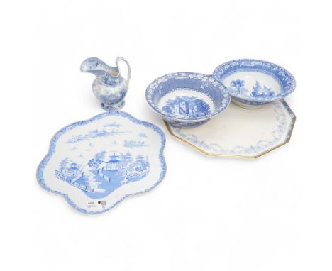 Victorian Worcester cabaret tray decorated in blue and white with Chinese landscape D46cm, blue and white eleven sided Lazy S