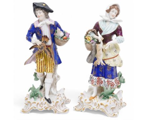 19th century Samson figures, modelled as a Lady and Gentleman holding game and baskets of flowers, spurious Chelsea gold anch