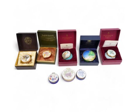 Eight enamel boxes, to include two Royal Worcester 'Lazy Days' and 'Diamond Jubilee' examples, two Staffordshire Enamels 'Kin