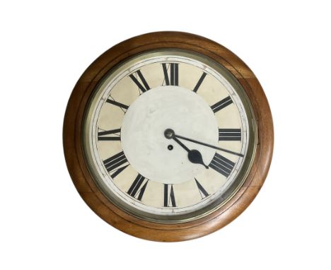 English- early 20th century 8-day fusee wall clock, with a 19" mahogany bezel and a 14” painted dial, with a cast brass dial 