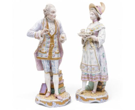 Pair of French bisque figures, possibly by Vion & Baury, modelled as a scholar and a lady carrying a tea, both with green anc