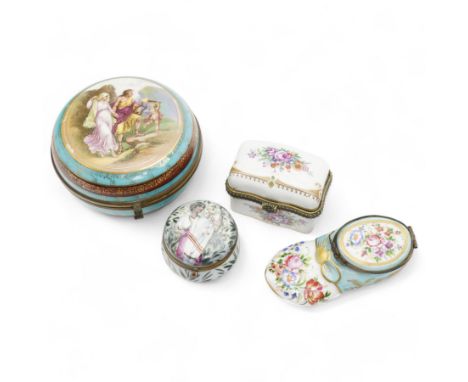 Four 19th century porcelain trinket boxes, including Sevres style example with blue boarders, and Limonges style shoe shaped 