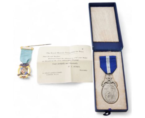 Silver Masonic Aegros Sanat Humanitas Hospital jewel to Bro. R F Churchill and a gilt and enamel Royal Masonic Institution fo