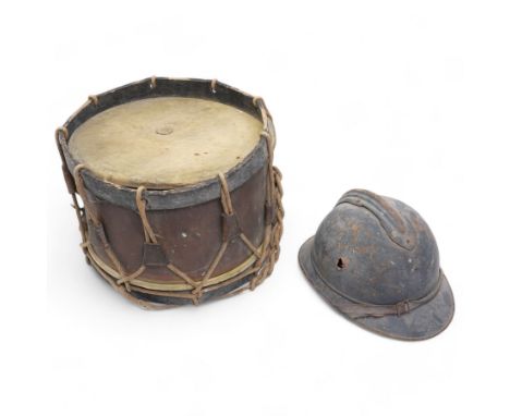 French World War I military steel helmet and a French military side drum